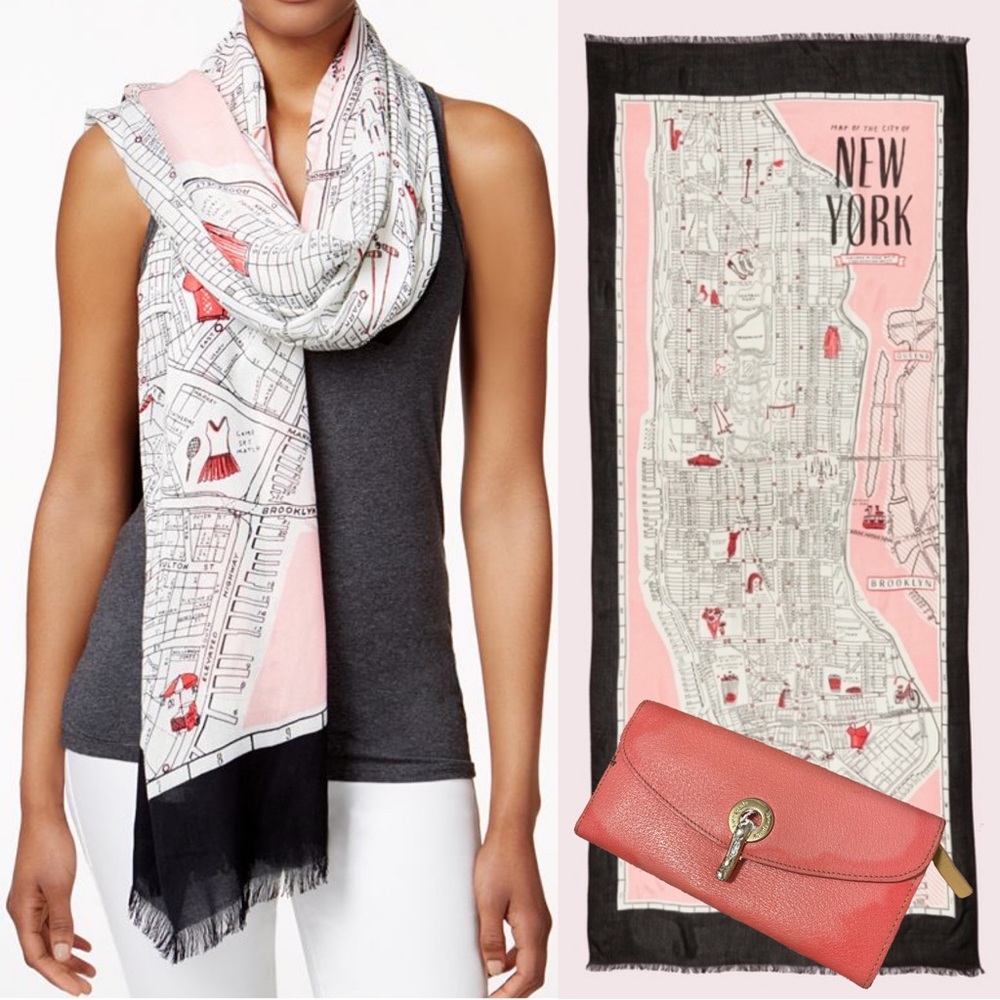 Kate Spade ♠️ New York Map Stripe Oblong Scarf & Pink Cyndy Kent Wallet BUNDLE